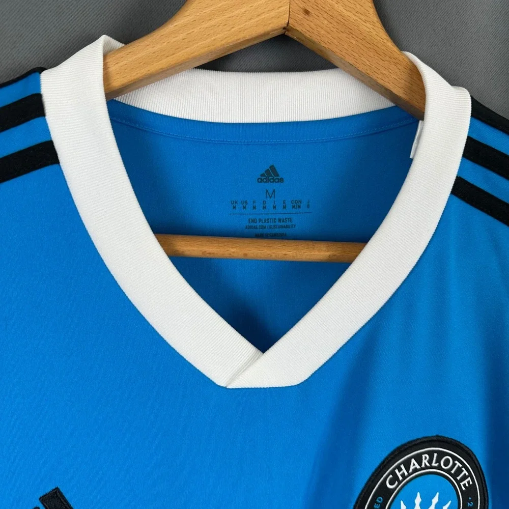 Adidas Charlotte FC Soccer Jersey Mens Medium Blue White Short Sleeve Ally Logo